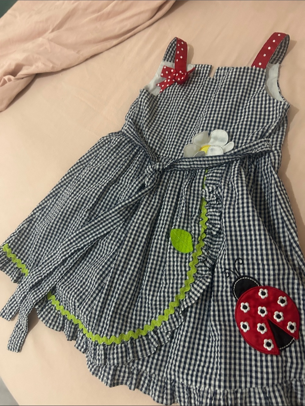 Girls Navy Gingham Sundress with Red Strap & Ladybug Applique